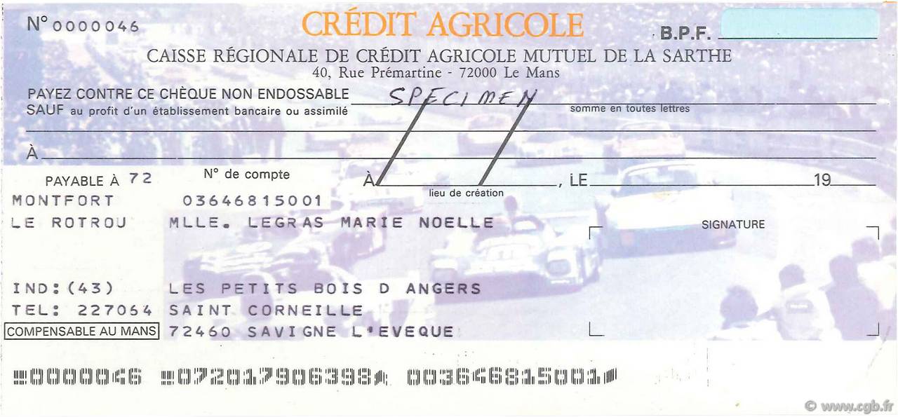 Francs Spécimen FRANCE régionalisme et divers Le Mans 1985 DOC.Chèque SUP