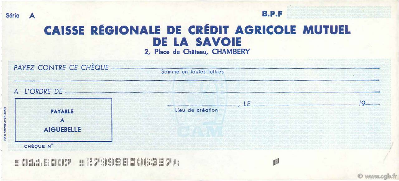 Francs FRANCE regionalismo y varios Chambéry 1960 DOC.Chèque EBC