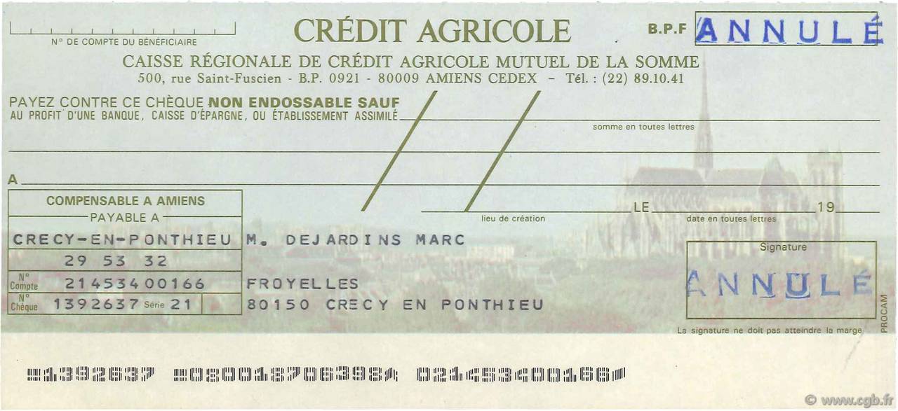 Francs Annulé FRANCE régionalisme et divers Amiens 1979 DOC.Chèque NEUF