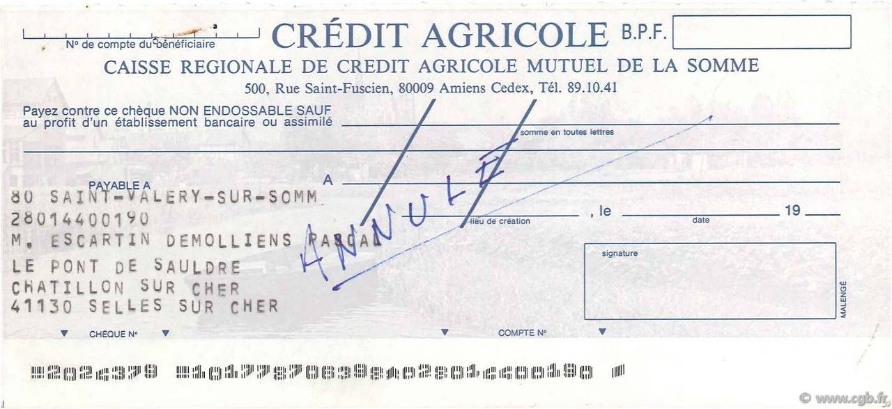 Francs Annulé FRANCE régionalisme et divers Amiens 1979 DOC.Chèque SUP