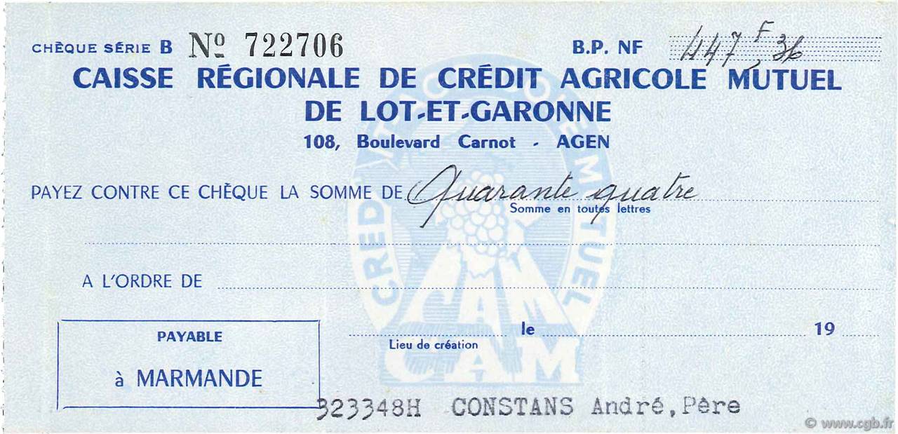 447,36 Francs FRANCE regionalism and various Agen 1960 DOC.Chèque XF