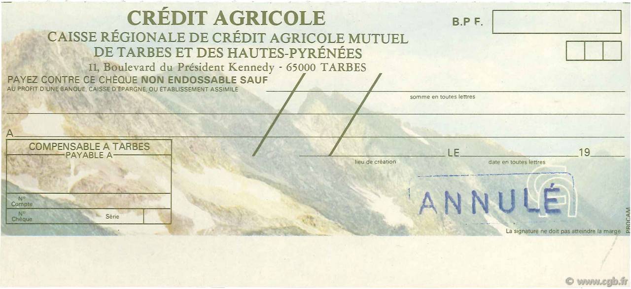 Francs Annulé FRANCE regionalismo y varios Tarbes 1979 DOC.Chèque SC