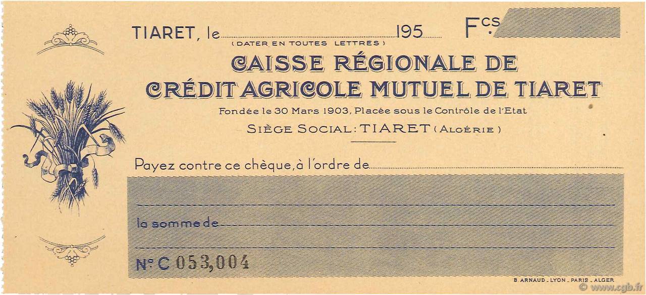 Francs FRANCE regionalismo y varios Tiaret (Algérie) 1950 DOC.Chèque FDC