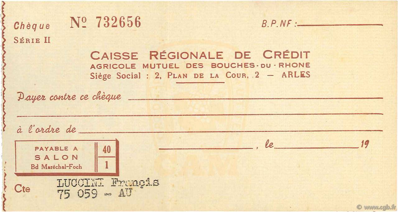 Francs FRANCE regionalismo y varios Arles 1960 DOC.Chèque EBC