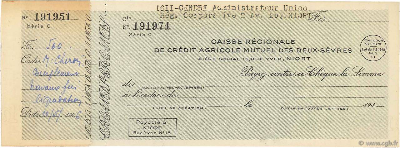 Francs FRANCE regionalismo y varios Niort 1943 DOC.Chèque EBC