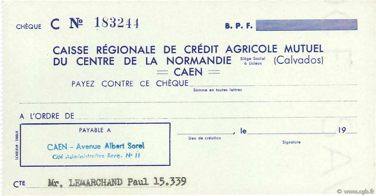 Francs FRANCE Regionalismus und verschiedenen Caen 1943 DOC.Chèque fST