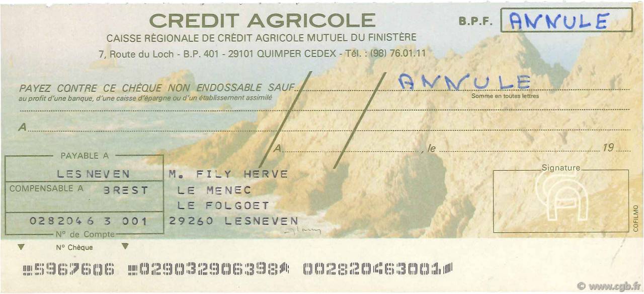 Francs Annulé FRANCE régionalisme et divers Quimper 1985 DOC.Chèque SPL