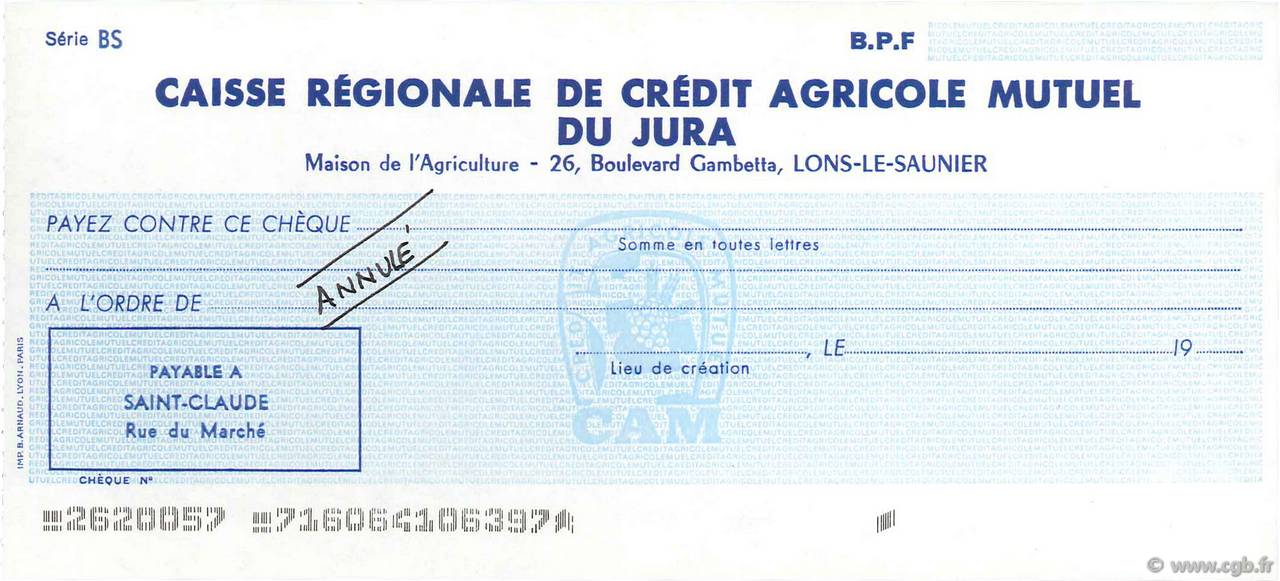 Francs Annulé FRANCE regionalismo e varie Lons-Le-Saunier 1959 DOC.Chèque AU