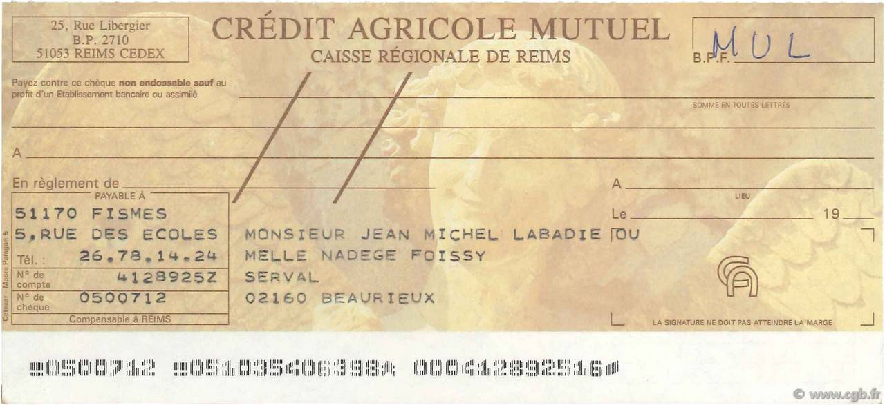 Francs Non émis FRANCE régionalisme et divers Reims 1985 DOC.Chèque SUP