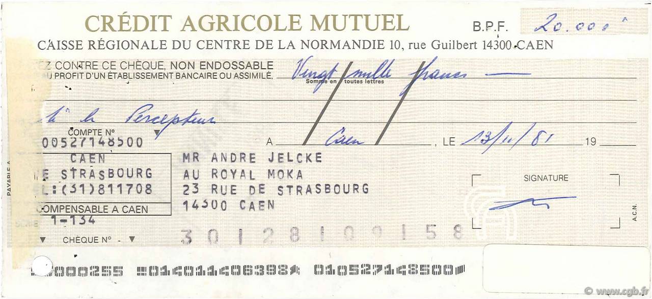 20000 Francs FRANCE régionalisme et divers Caen 1981 DOC.Chèque TTB