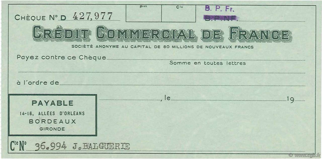 Francs FRANCE regionalismo e varie Bordeaux 1960 DOC.Chèque AU