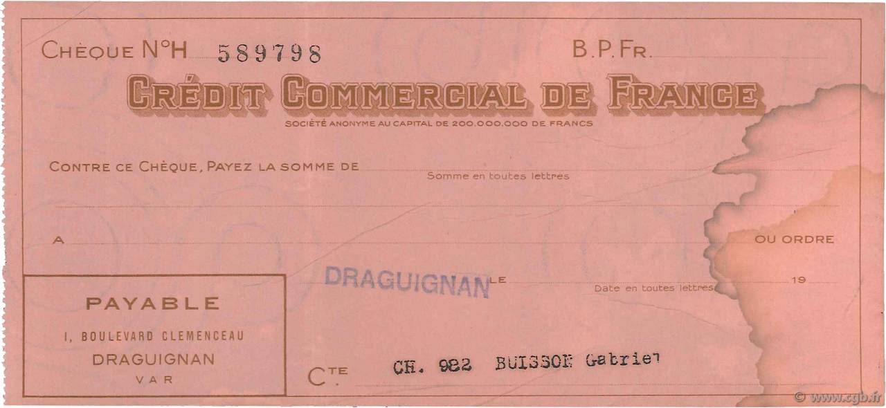 Francs FRANCE regionalismo y varios Draguignan 1943 DOC.Chèque MBC