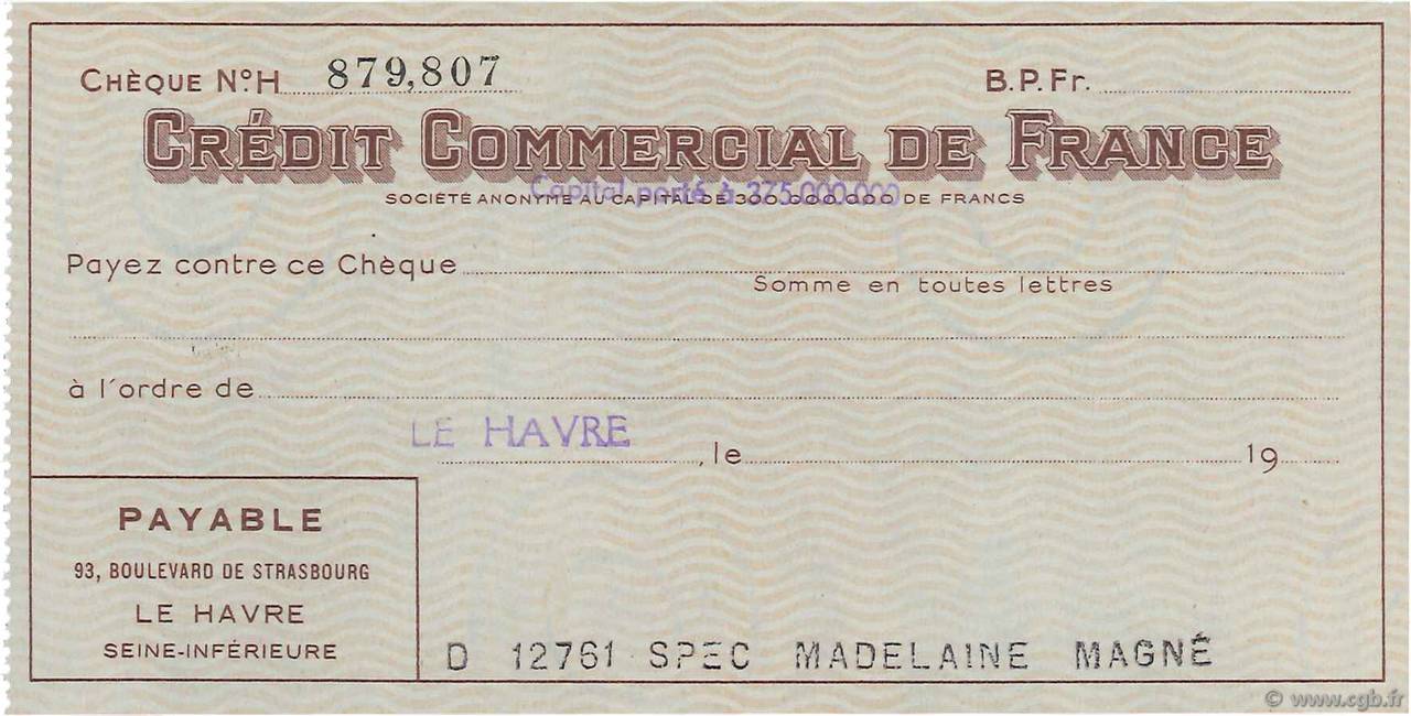 Francs FRANCE regionalismo y varios Le Havre 1943 DOC.Chèque SC