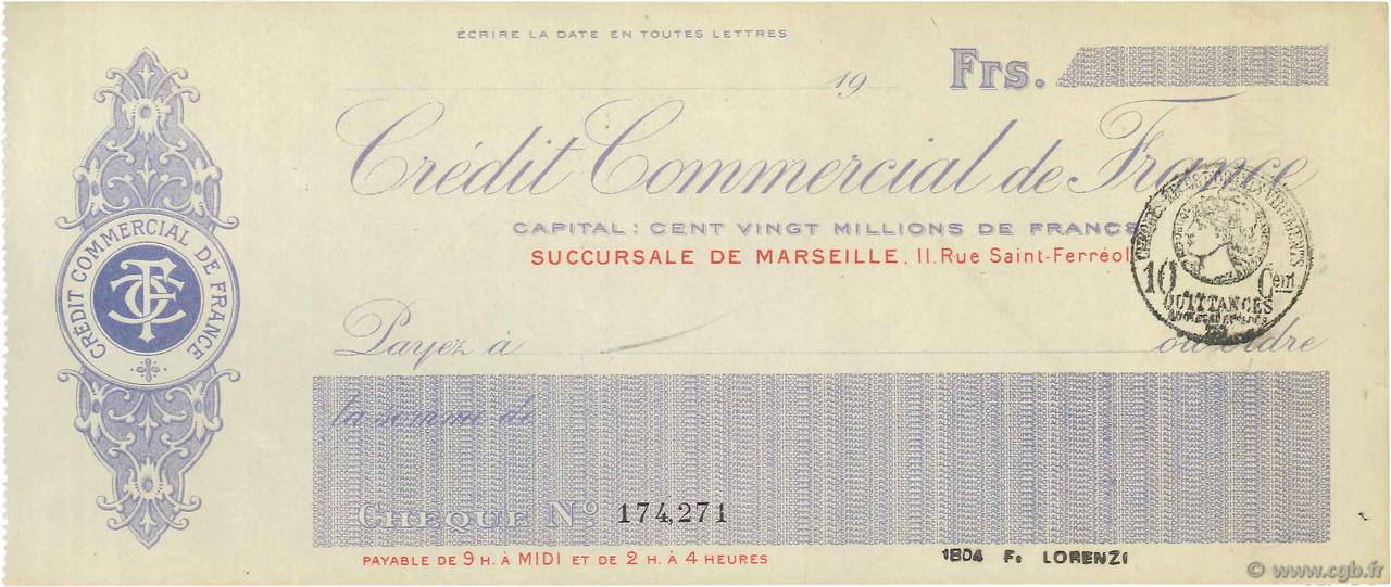 Francs FRANCE Regionalismus und verschiedenen Marseille 1915 DOC.Chèque VZ