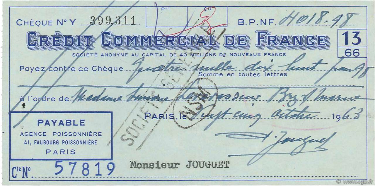 4018,98 Francs FRANCE Regionalismus und verschiedenen Paris 1963 DOC.Chèque VZ