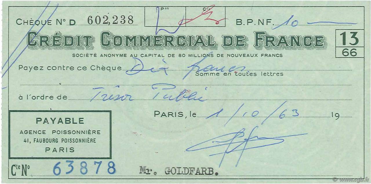 10 Francs FRANCE regionalismo y varios Paris 1963 DOC.Chèque EBC