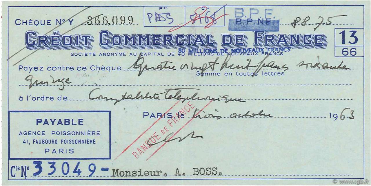 88,75 Francs FRANCE regionalismo y varios Paris 1963 DOC.Chèque SC
