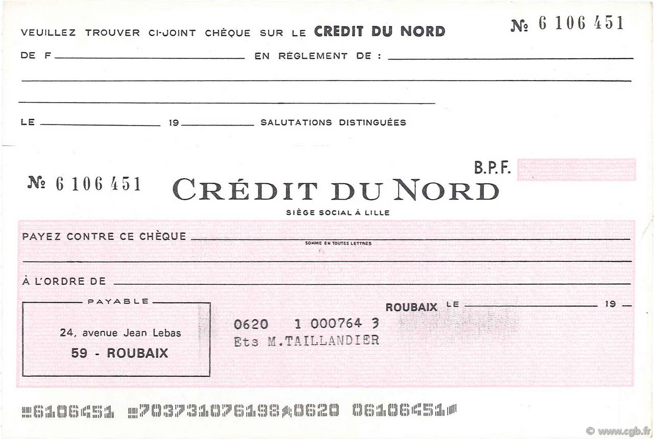Francs FRANCE régionalisme et divers Roubaix 1959 DOC.Chèque SUP