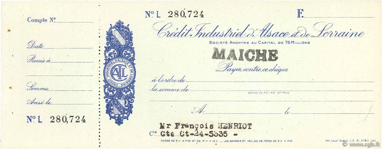Francs FRANCE regionalismo y varios Maiche 1943 DOC.Chèque SC