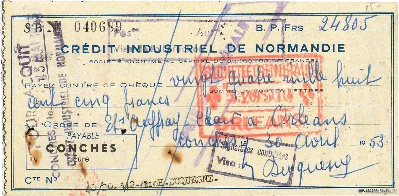 24805 Francs FRANCE regionalismo y varios Conches 1953 DOC.Chèque MBC