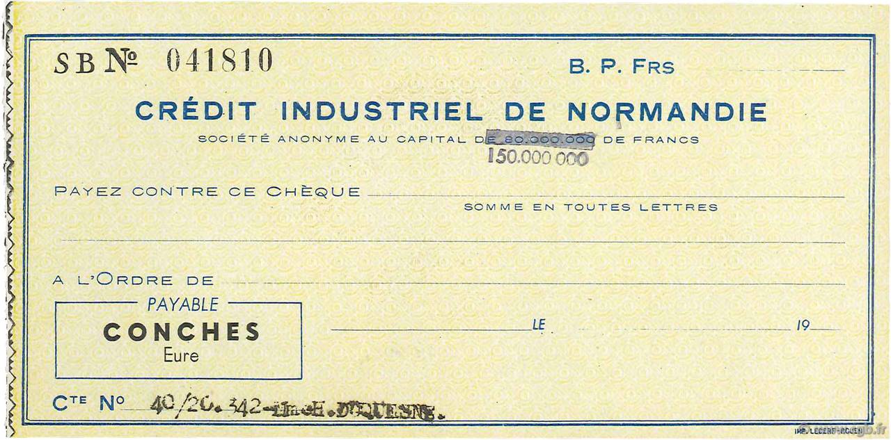 Francs FRANCE regionalism and various Conches 1948 DOC.Chèque UNC