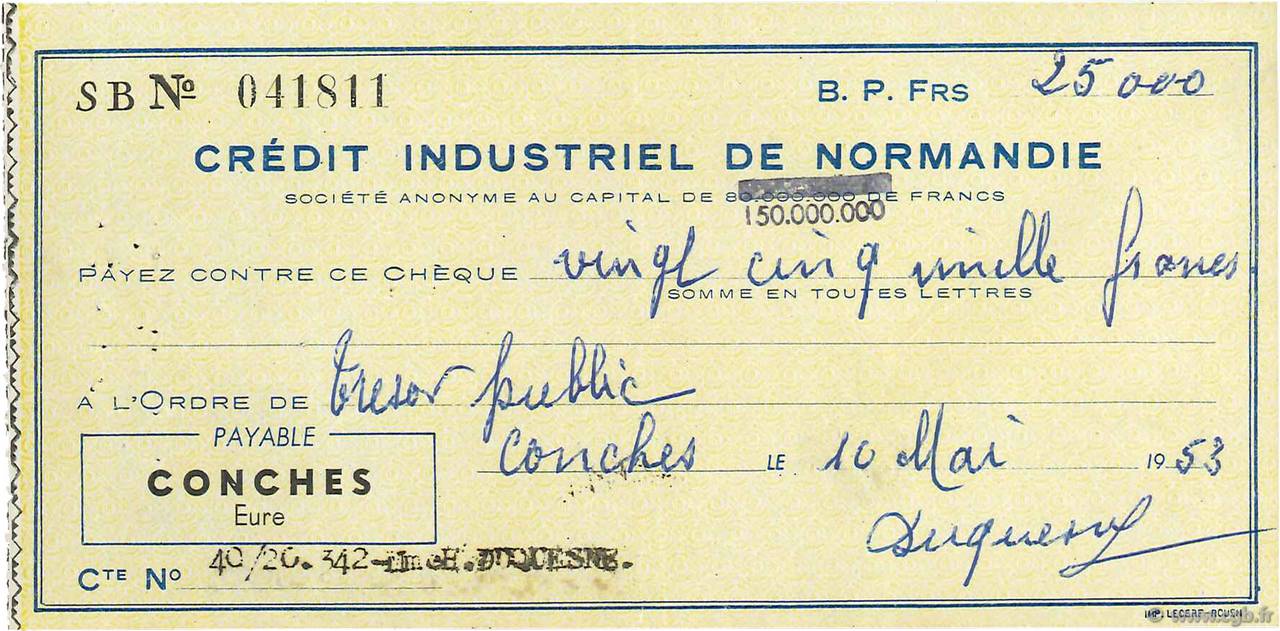 25000 Francs FRANCE regionalismo y varios Conches 1953 DOC.Chèque EBC