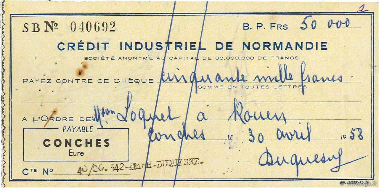 50000 Francs FRANCE regionalism and miscellaneous Conches 1953 DOC.Chèque XF