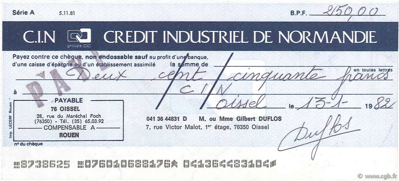 250 Francs FRANCE régionalisme et divers Oissel 1982 DOC.Chèque TTB
