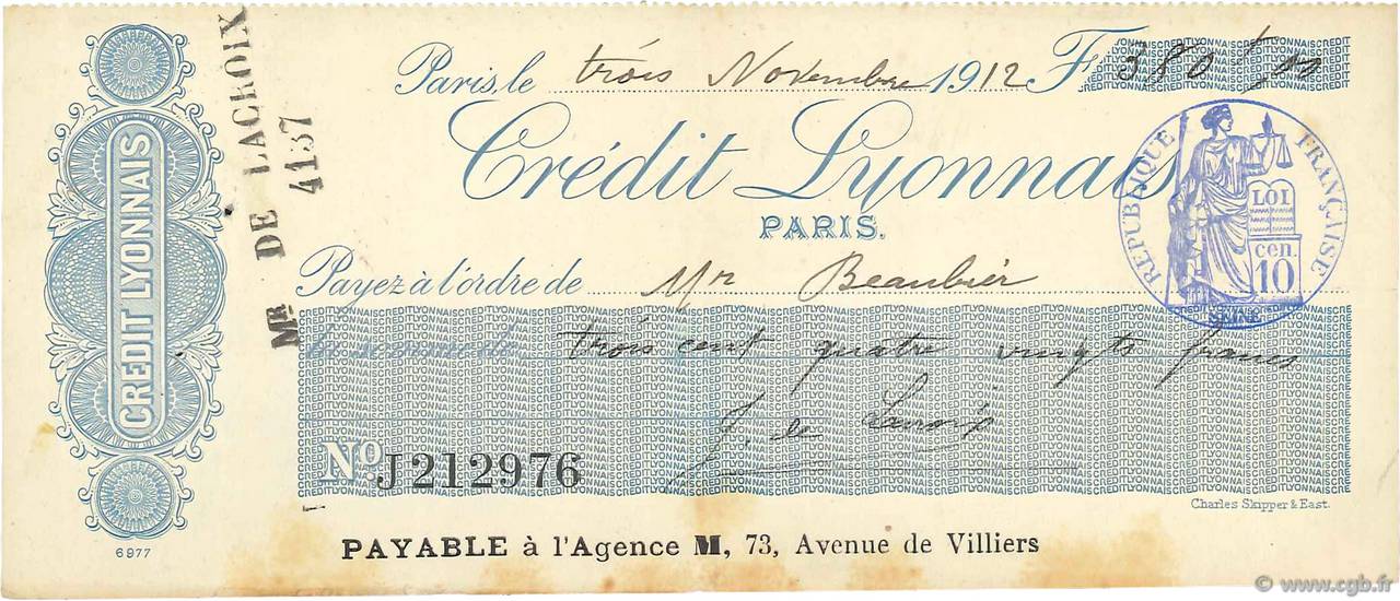 380 Francs FRANCE regionalism and miscellaneous Paris 1912 DOC.Chèque VF