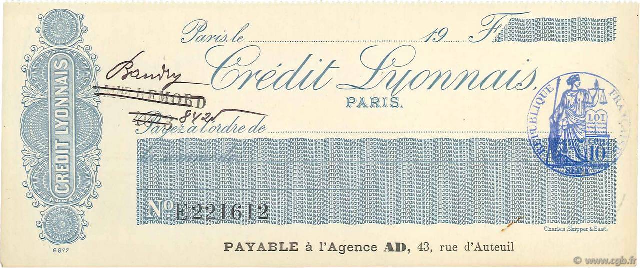 Francs FRANCE regionalismo y varios Paris 1900 DOC.Chèque EBC