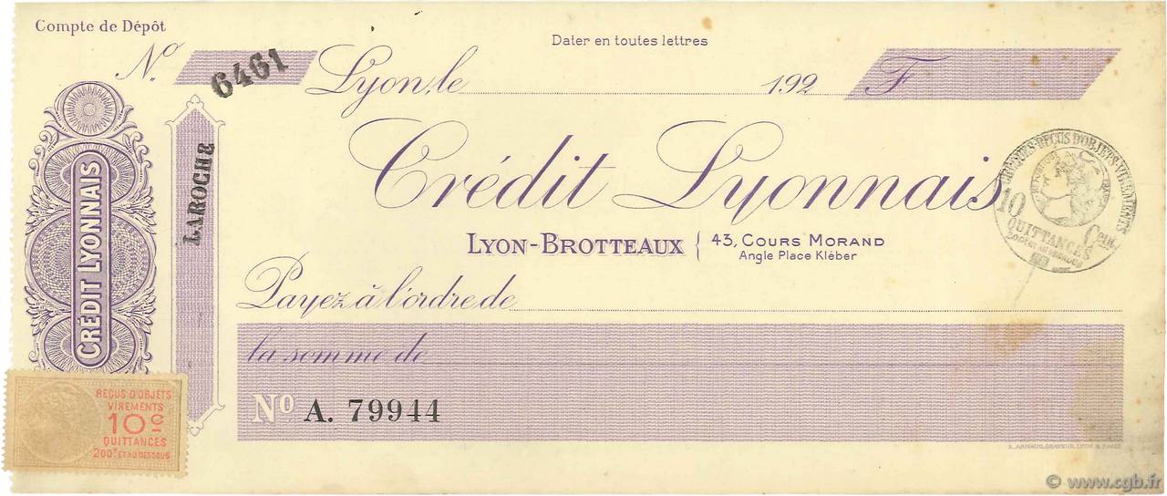 Francs FRANCE regionalism and various Lyon 1924 DOC.Chèque XF