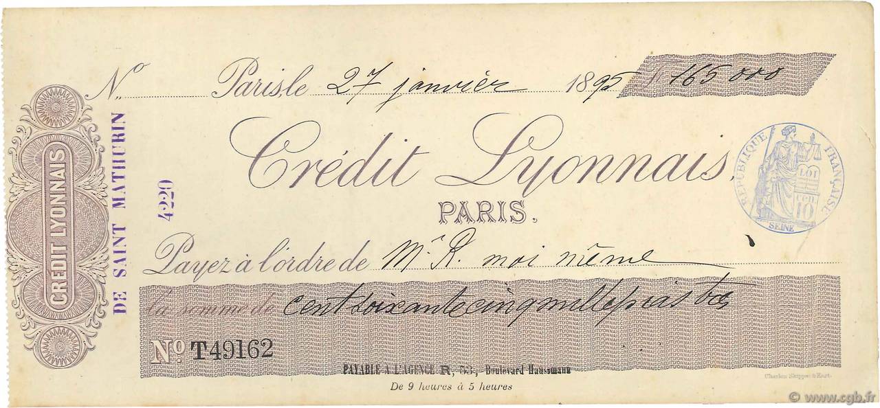 Francs FRANCE regionalismo e varie Paris 1895 DOC.Chèque SPL
