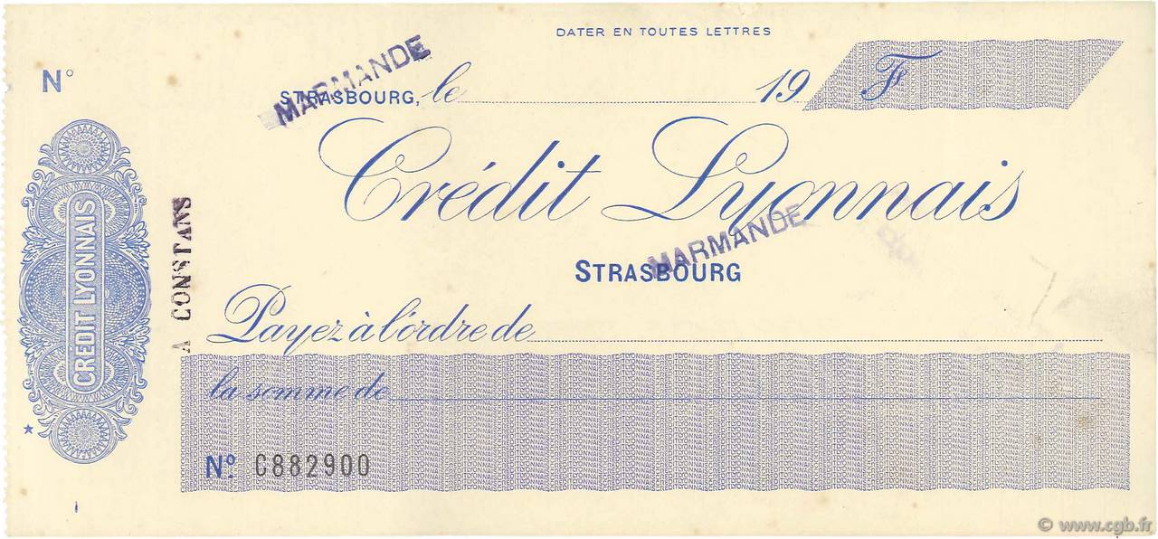 Francs FRANCE regionalismo y varios Strasbourg 1943 DOC.Chèque EBC