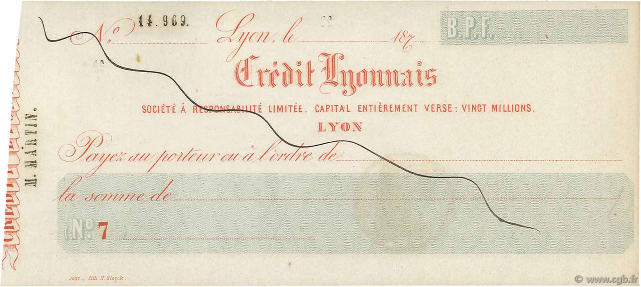 Francs Annulé FRANCE regionalism and various Lyon 1871 DOC.Chèque XF
