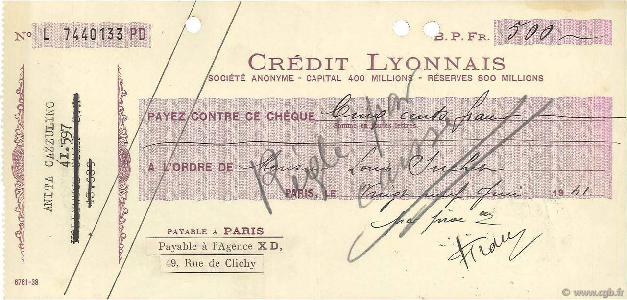500 Francs FRANCE regionalism and various Paris 1941 DOC.Chèque XF