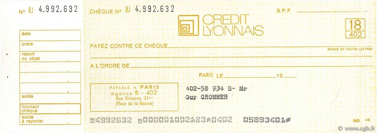 Francs FRANCE régionalisme et divers Paris 1959 DOC.Chèque SPL