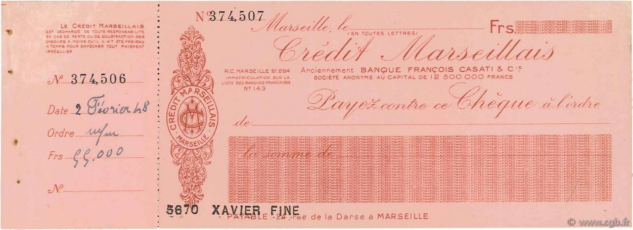 Francs FRANCE regionalismo y varios Marseille 1948 DOC.Chèque EBC