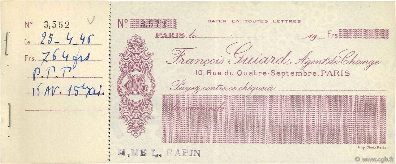 Francs FRANCE regionalism and various Paris 1946 DOC.Chèque XF