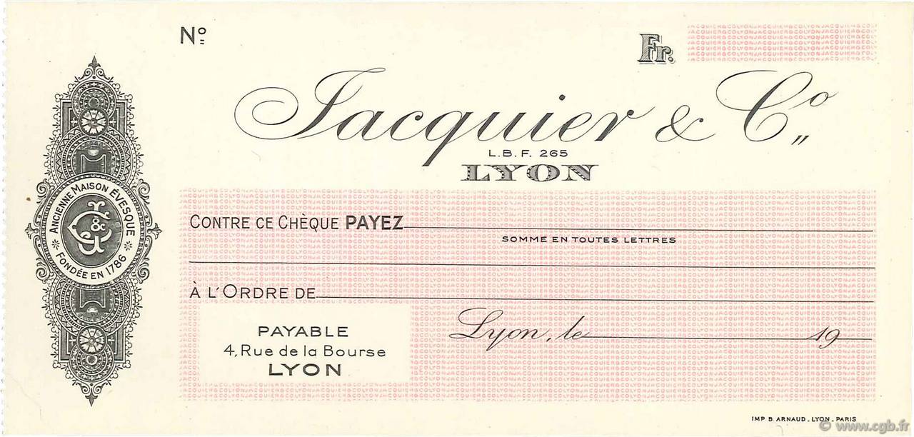 Francs FRANCE regionalismo y varios Lyon 1943 DOC.Chèque SC