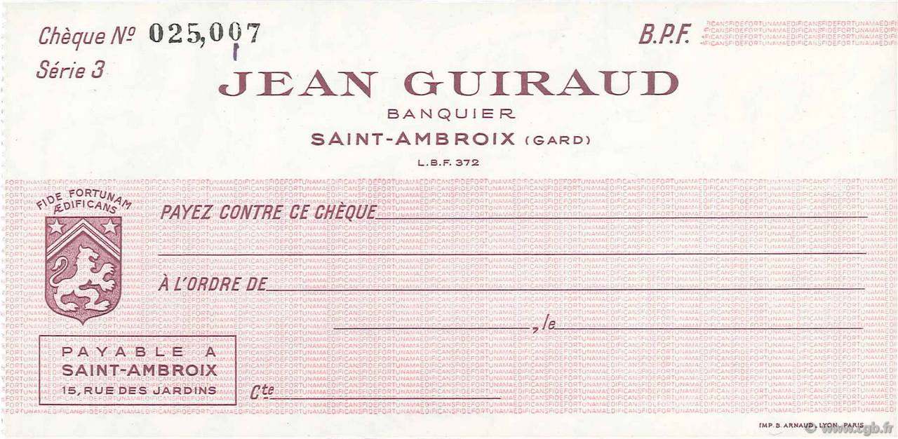 Francs FRANCE regionalismo y varios Saint-Ambroix 1943 DOC.Chèque SC