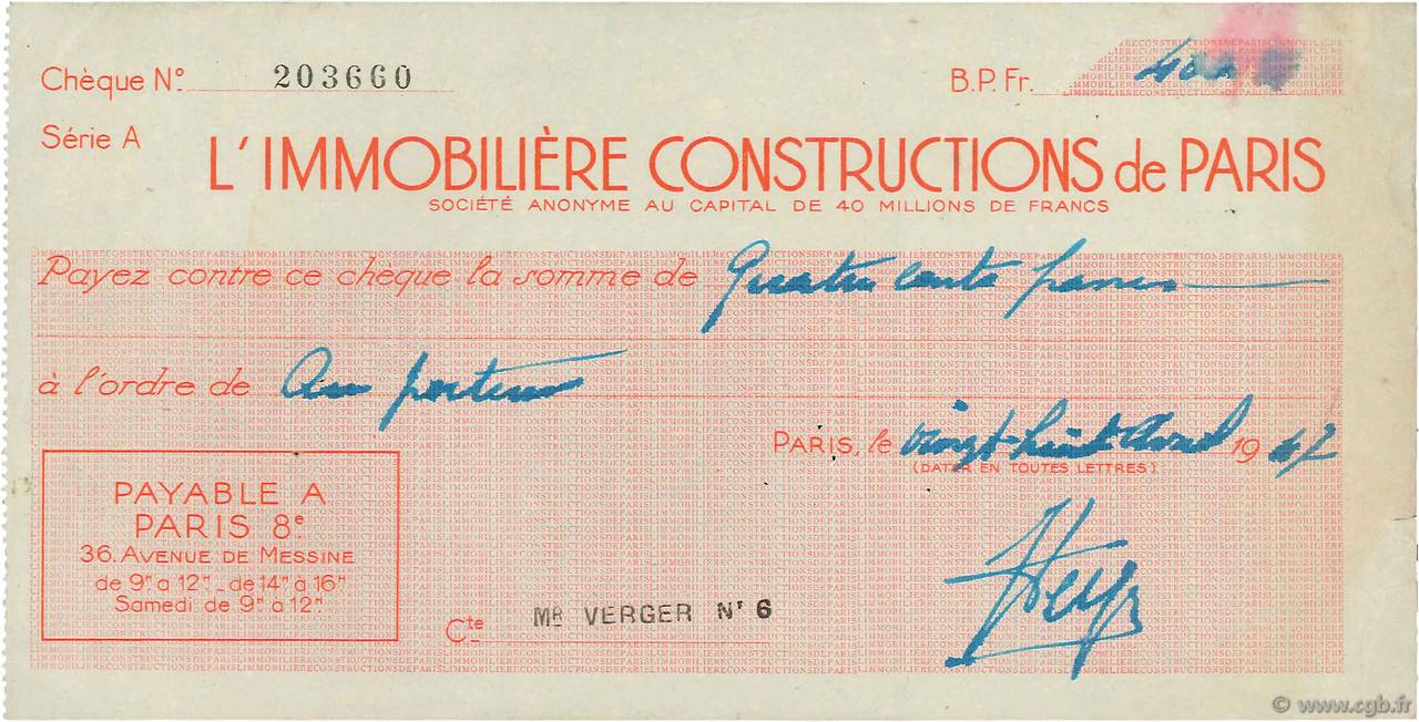 400 Francs FRANCE regionalism and miscellaneous Paris 1947 DOC.Chèque VF