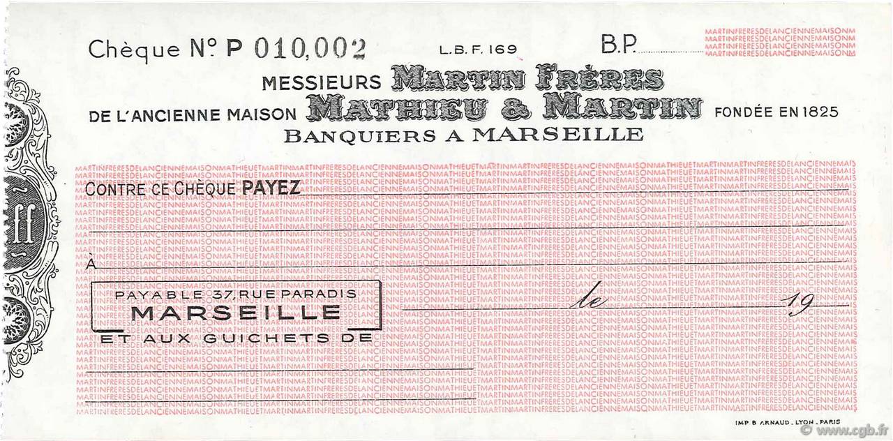 Francs FRANCE regionalismo y varios Marseille 1943 DOC.Chèque SC