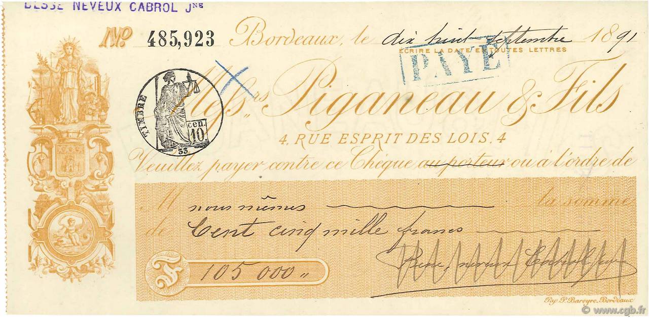105000 Francs FRANCE regionalism and miscellaneous Bordeaux 1891 DOC.Chèque AU