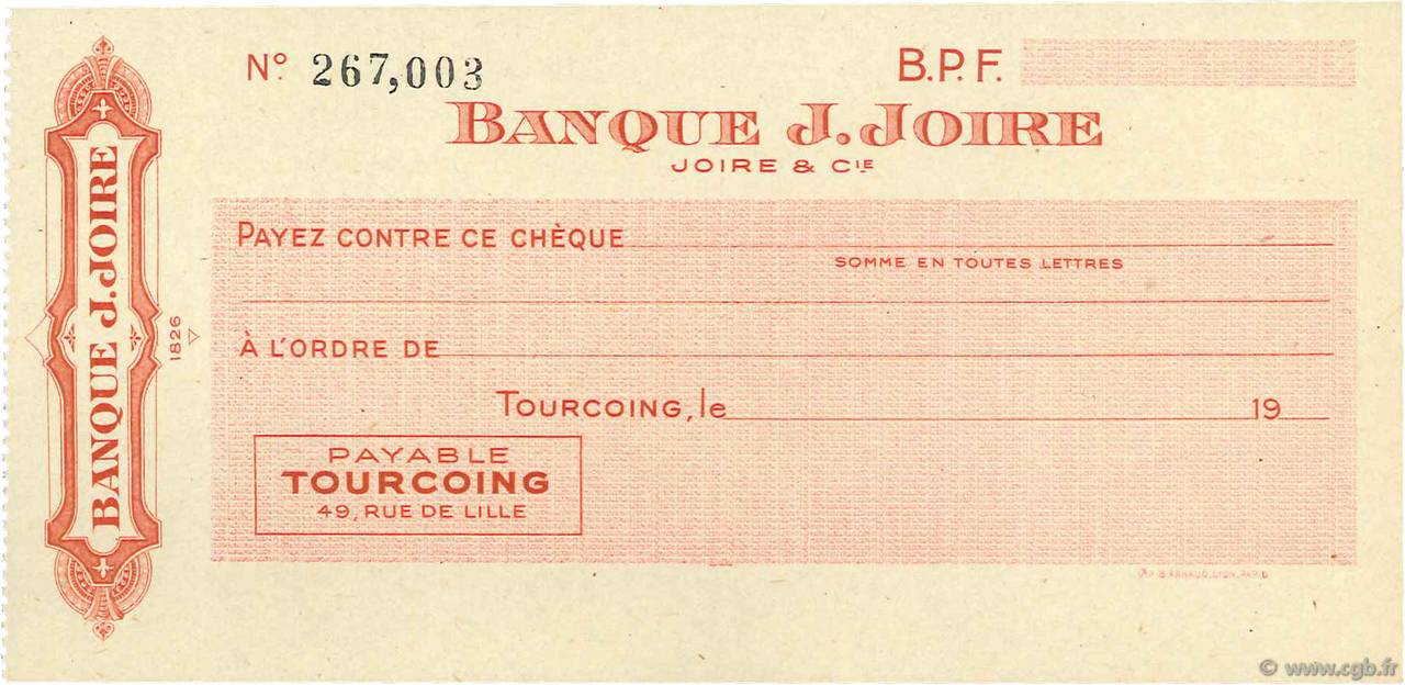 Francs FRANCE regionalismo y varios Tourcoing 1943 DOC.Chèque SC