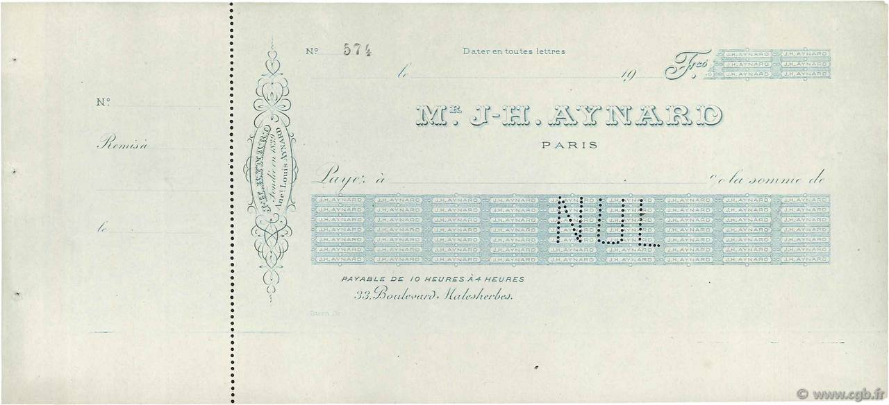 Francs Non émis FRANCE regionalism and miscellaneous Paris 1900 DOC.Chèque XF
