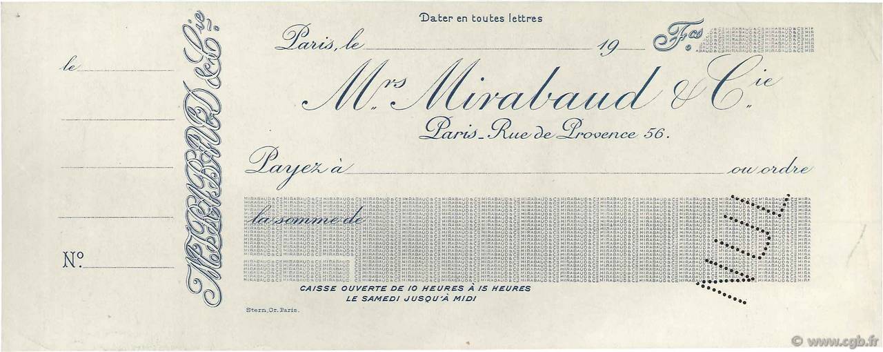 Francs Non émis FRANCE regionalismo e varie Paris 1907 DOC.Chèque SPL