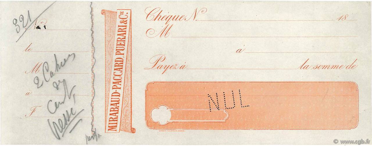 Francs Non émis FRANCE regionalism and various Paris 1878 DOC.Chèque XF