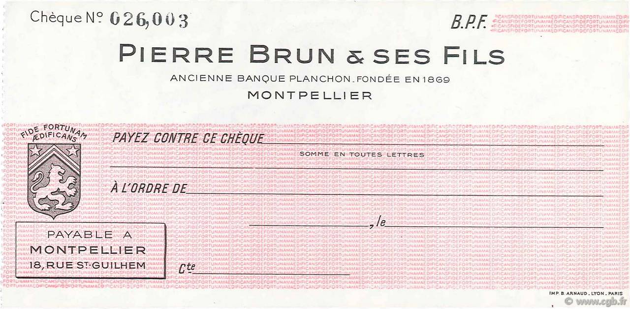Francs FRANCE regionalismo y varios Montpellier 1943 DOC.Chèque SC