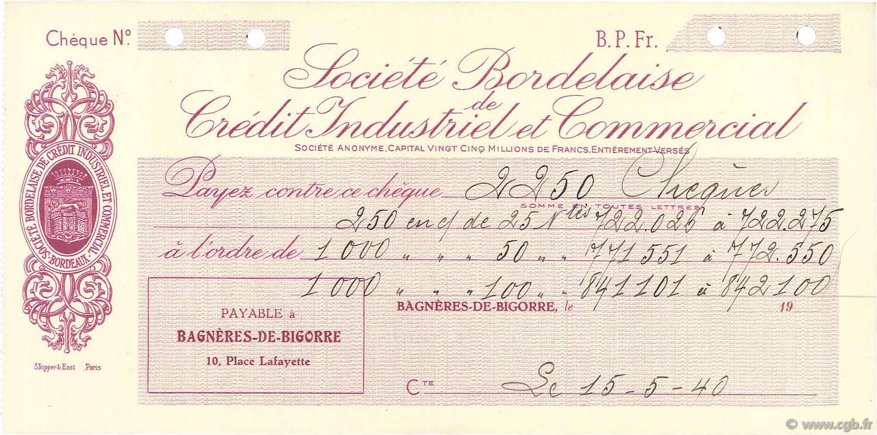 Francs FRANCE regionalism and various Bagnères-De-Bigorre 1940 DOC.Chèque XF
