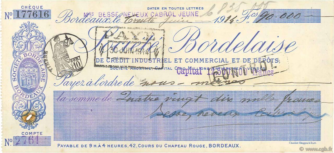 90000 Francs FRANCE regionalismo y varios Bordeaux 1914 DOC.Chèque EBC